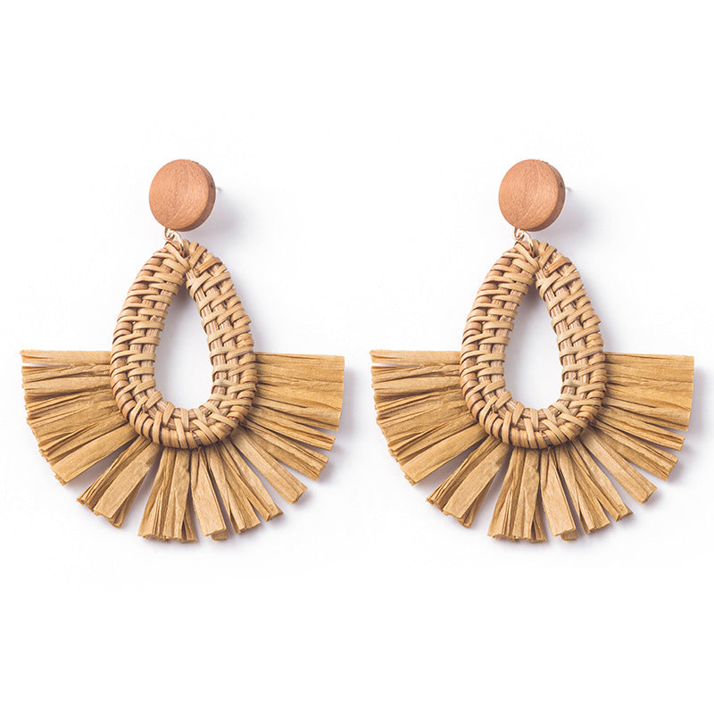 Wholesale Hand-woven Geometric Rattan Raffia Fan Earrings